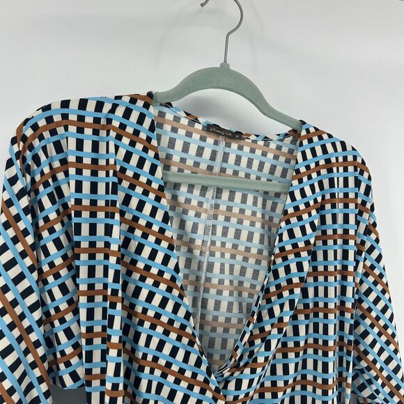 J. McLaughlin Wrap Top Womens XS Blue Brown Geometric Print Blouse Stretchy Soft - Picture 2 of 12